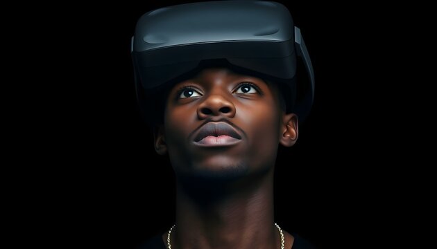 Young Black Man Wearing VR Headset, Futuristic Look