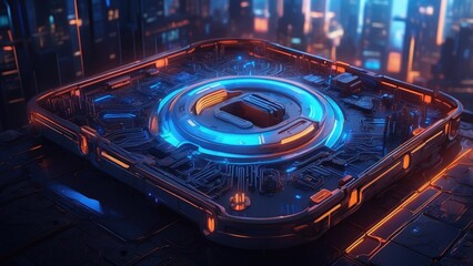 A digital futuristic representation of cybersecurity showcasing a black padlock at the center