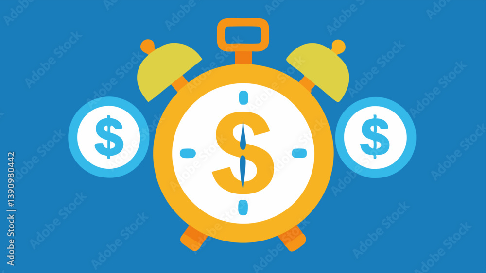 Poster alarm clock with dollar signs an alarm clock featuring large dollar signs instead of numbers indicat
