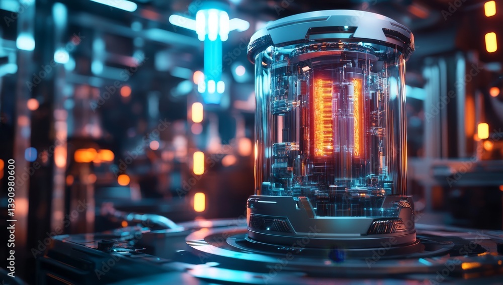 Poster futuristic glowing processor encased in a transparent container within a high-tech environment