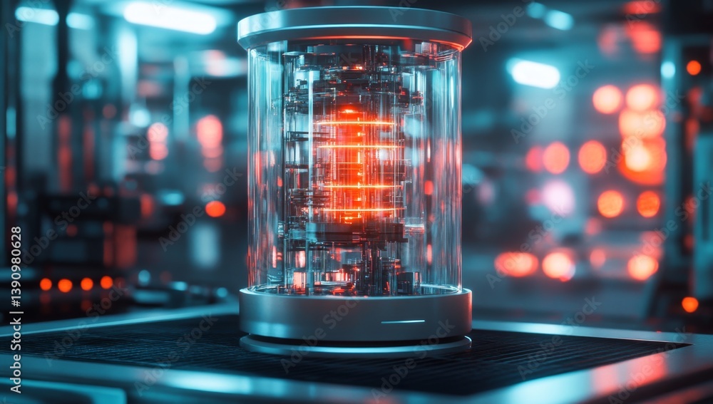 Poster futuristic, glowing cylindrical computer in a high-tech factory setting. inner workings of a complex