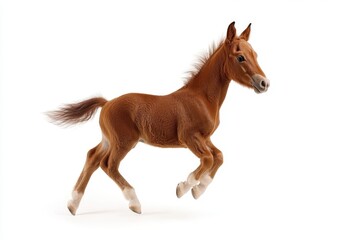 Obraz premium A chestnut foal galloping on a plain white seamless background view
