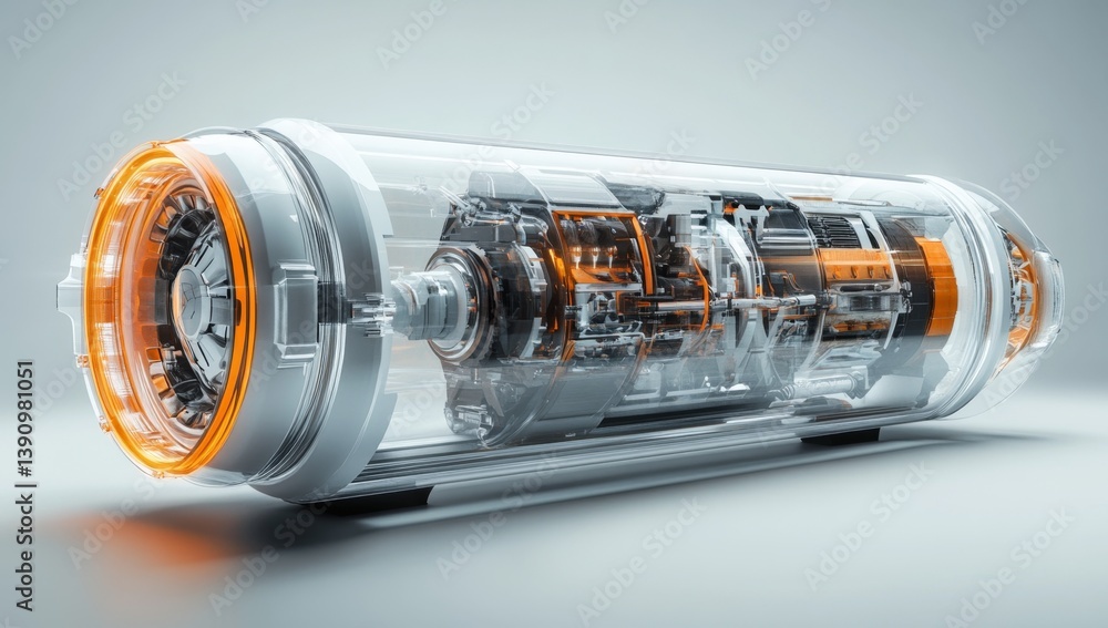 Poster advanced, transparent engine design. high-tech, intricate internal components, visible through a cle