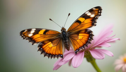 Naklejka premium Butterfly Resting on Pink Flower Blossom in Close-up View