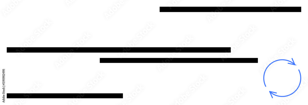 Poster black horizontal lines of varying lengths next to a blue circular arrow loop. ideal for workflow, pr