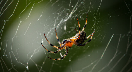 A striking garden spider patiently waits in its intricate web, sunlight illuminating its delicate legs and patterned body against a softly blurred green backdrop.