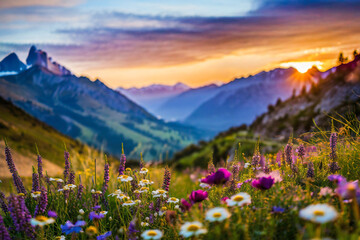 Beautiful alpine meadow with wildflowers at sunset.