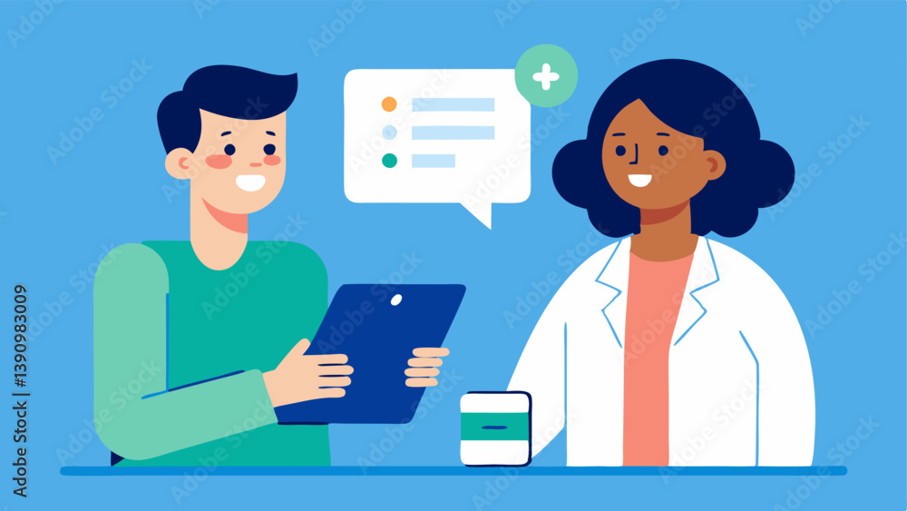 Poster collaborative research a healthcare analyst speaking with a doctor at a clinic discussing data insig