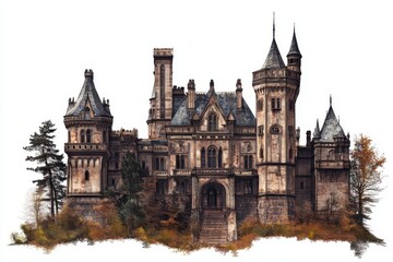 Watercolor painting of a large castle with multiple towers and trees