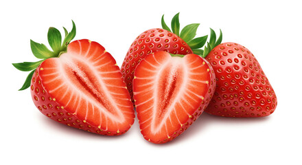 Luscious ripe strawberries, one halved revealing its juicy red interior, alongside a whole berry, showcasing summer's sweet bounty against a pristine white backdrop.