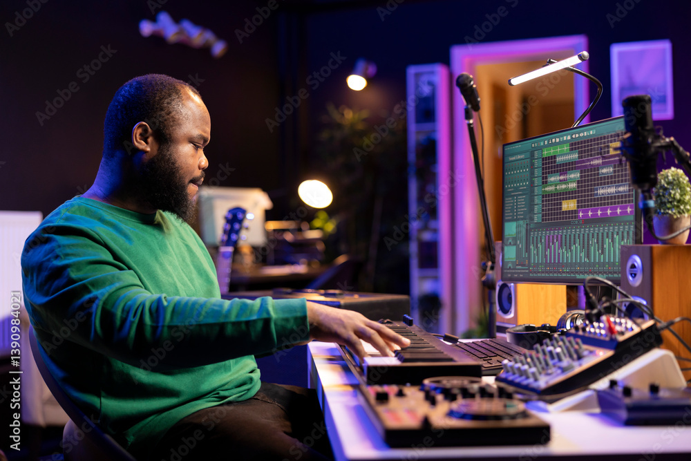 Aufkleber Modern producer playing piano keys to record a new soundtrack, trying to produce a song using midi controller electronic keyboard. Songwriter composer playing instrument notes to create tunes.