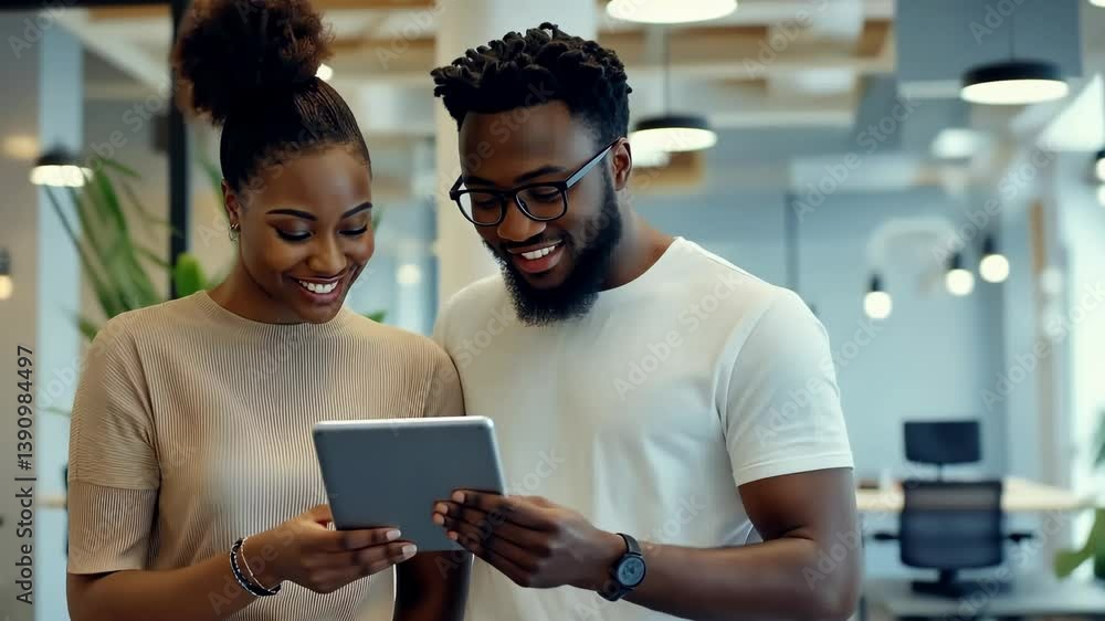 Poster Two smiling colleagues are viewing content on a digital tablet in a modern office environment. The woman is wearing a tan shirt , the man is wearing a white shirt , glasses. They are working together.