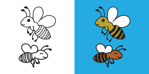bee animal, kids coloring book. Coloring book with cute cartoon pictures of bees. Vector illustration with colored background.