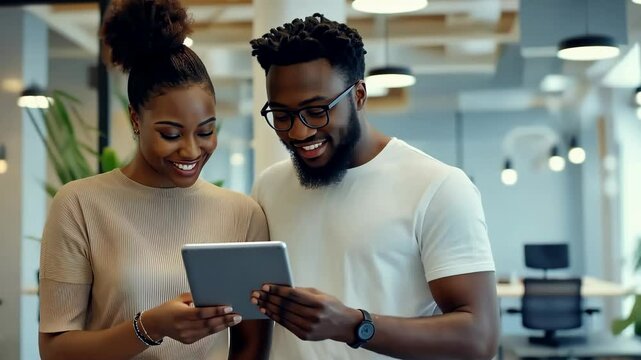 Two smiling colleagues are viewing content on a digital tablet in a modern office environment. The woman is wearing a tan shirt , the man is wearing a white shirt , glasses. They are working together. - Powered by Adobe