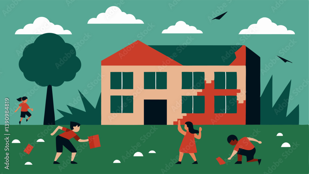 Aufkleber empty school a school building with broken windows and overgrown grass while children play with make