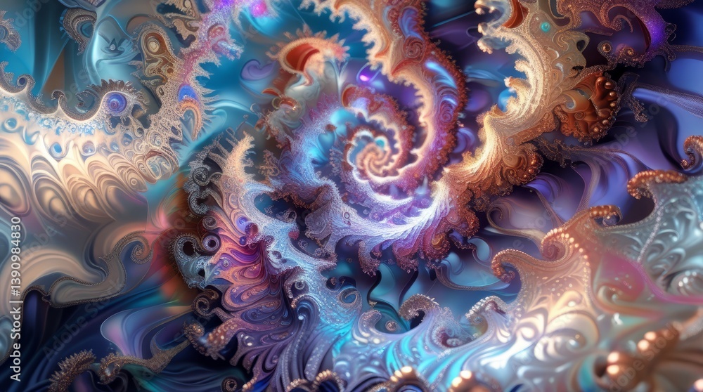 Poster digital abstract artwork featuring a complex spiral pattern in purple color