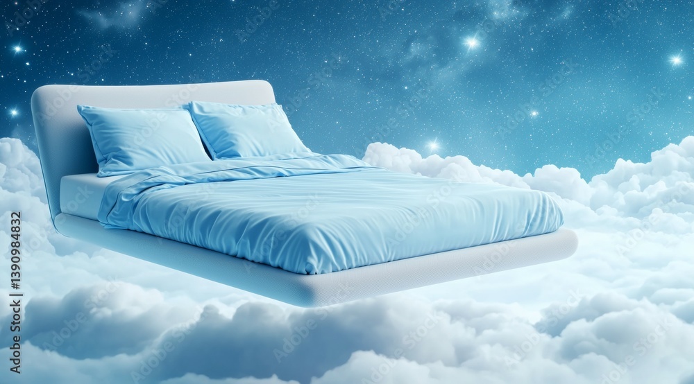 Poster bed is floating in the sky with clouds surrounding it