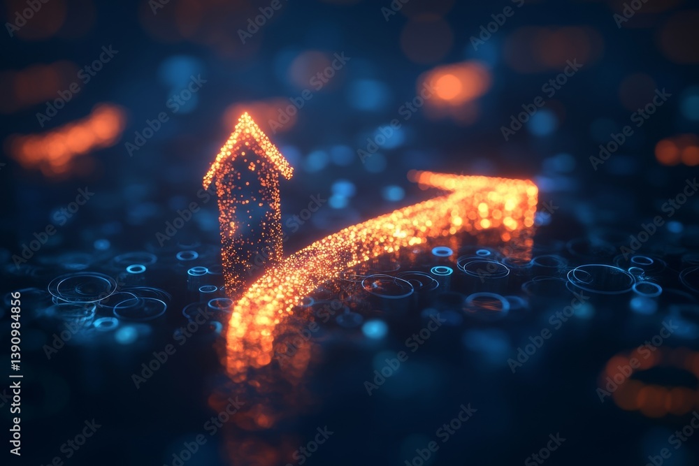 Poster dynamic glowing arrows signifying growth and progress in a digital space