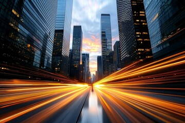 Fototapeta premium A city street with a car driving down it and a sunset in the background