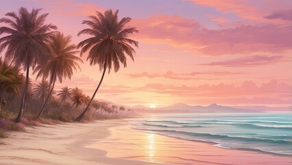 A serene beach scene with white sand, gentle waves