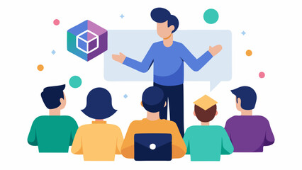 Community Engagement A developer presenting a new blockchain project at a community meetup with an audience gathered around showcasing engagement and collaboration.