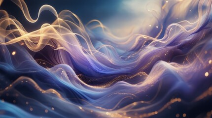 Abstract digital artwork featuring a dynamic composition of flowing, intertwined lines and curves consisting of soft blues, warm golds, and subtle hints of white