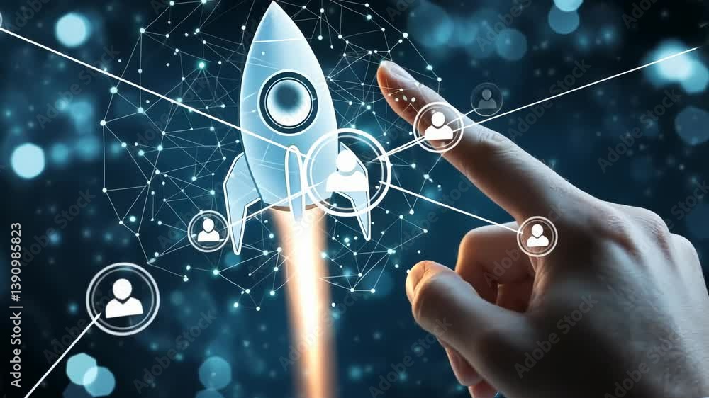 Poster a hand interacts with a digital network featuring a rocket ship launching with bright flames, symbol