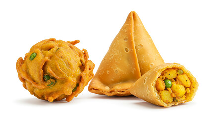 Golden-brown samosas and a crispy onion bhaji, a tempting Indian snack duo, showcased against a bright white backdrop.