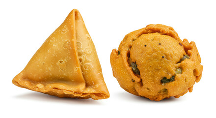 Crispy samosa and golden-brown vada pav, a tempting Indian snack duo, perfectly presented against a bright white background.
