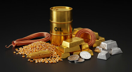 A golden oil barrel, gleaming gold bars, shimmering copper coils, and a corn cob amidst a pile of corn kernels symbolize global commodities trading against a dark background.