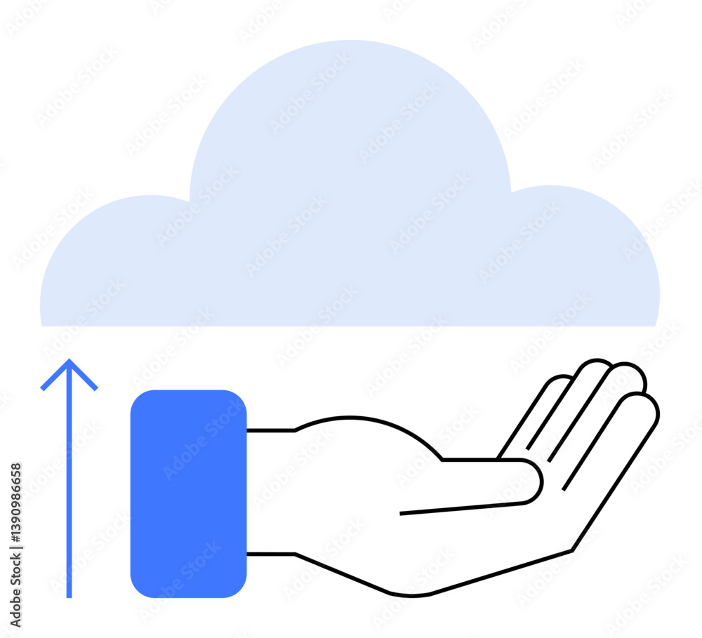 Poster outstretched hand under cloud with upward arrow denoting data upload or transfer. ideal for technolo