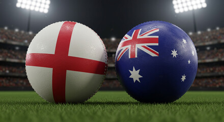 England and Australia cricket balls face off under stadium lights, a thrilling Ashes series showdown on the lush green pitch.