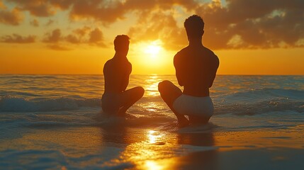 Silhouettes of Two Individuals Meditating on the Beach at Sunset Serene Ocean Scene Relaxatio