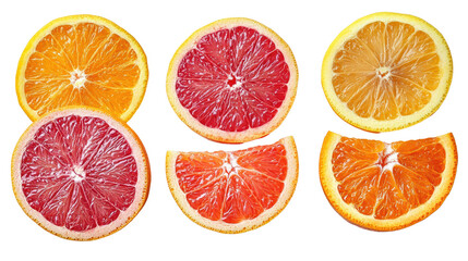 A fresh set of citrus fruits with slices including orange, grapefruit, lemon, and lime, showcasing their vibrant colors and juicy textures, perfect for a healthy and refreshing diet