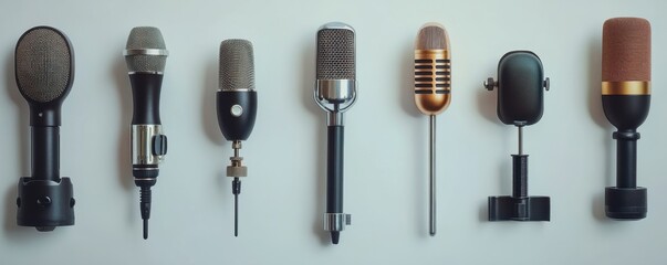 Obraz premium Vintage Microphones Collection Flat Lay for Podcast and Recording Concept