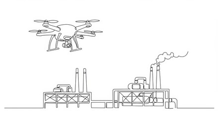 Obraz premium Minimalist line drawing of drone monitoring industrial equipment with clean elegant simplicity