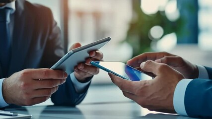 Two individuals, dressed in professional business attire, are sharing information using tablet , smart phone. The devices showcase latest tech for business efficiency , seamless communication. - Powered by Adobe