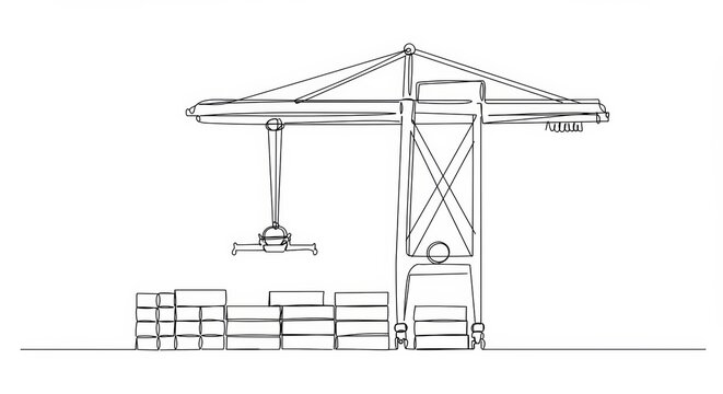 Minimalist line art of a gantry crane at a container yard with clean elegance