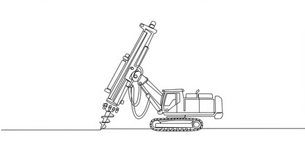 Minimalist continuous line drawing of mining drill rig on a stark white backdrop
