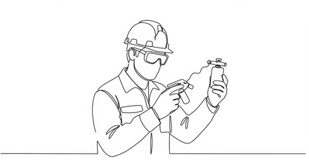 Continuous line drawing worker inspecting equipment in minimalist style