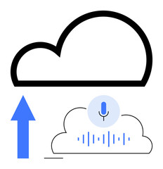 Cloud with upward arrow, microphone, soundwave. Ideal for cloud computing, audio upload, storage, tech industry, podcast remote work security. Flat simple metaphor