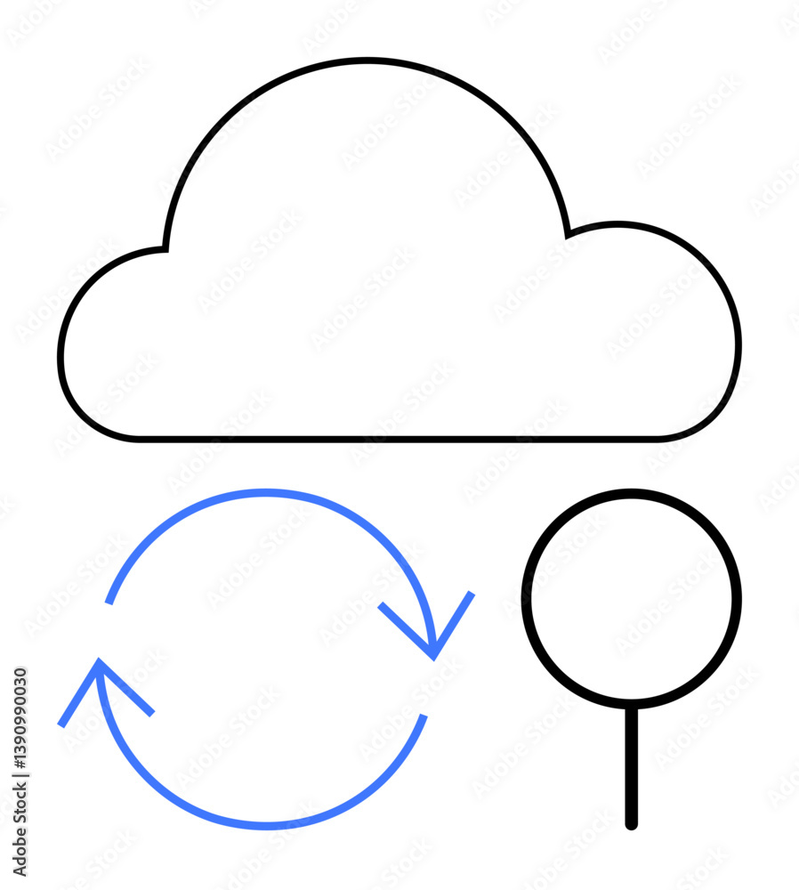 Aufkleber cloud shape above blue circular arrows and a location marker. ideal for technology, data sharing, cl