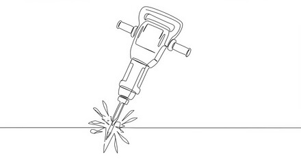 Monoline Illustration of a Jackhammer Breaking Ground with Minimalist Design Style