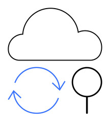 Cloud shape above blue circular arrows and a location marker. Ideal for technology, data sharing, cloud computing, networking, storage, synchronization, location services. Flat simple metaphor