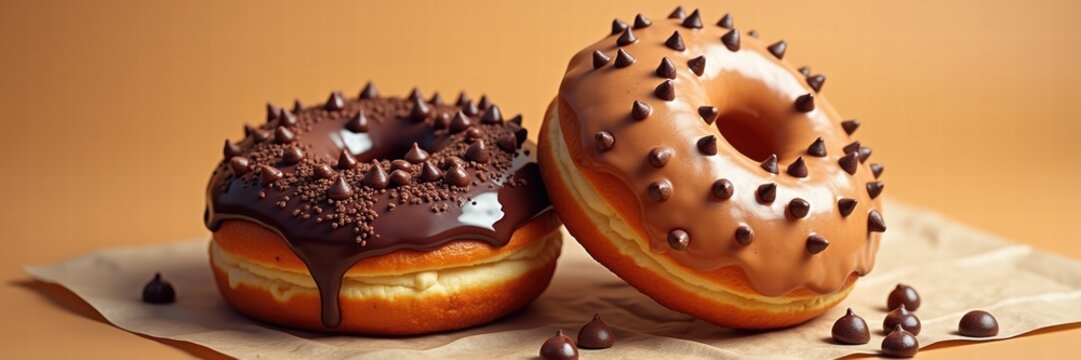 Indulge in these irresistible chocolate donuts, perfect for dessert menus, bakery promotions, and food photography. A sweet treat that delights every palate!