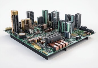 Futuristic Cityscape on Circuit Board Representing Technology and Modern Innovation
