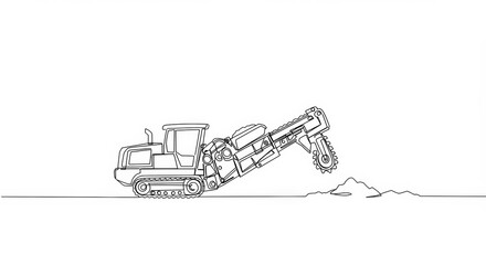 Minimalist trenching machine line drawing on stark white backdrop for industry