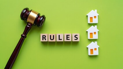 Blocks with the word Rules, a judge's gavel and miniature wooden houses. laws, regulations, and guidelines that govern the buying, selling, leasing, and managing of property. Flat lay