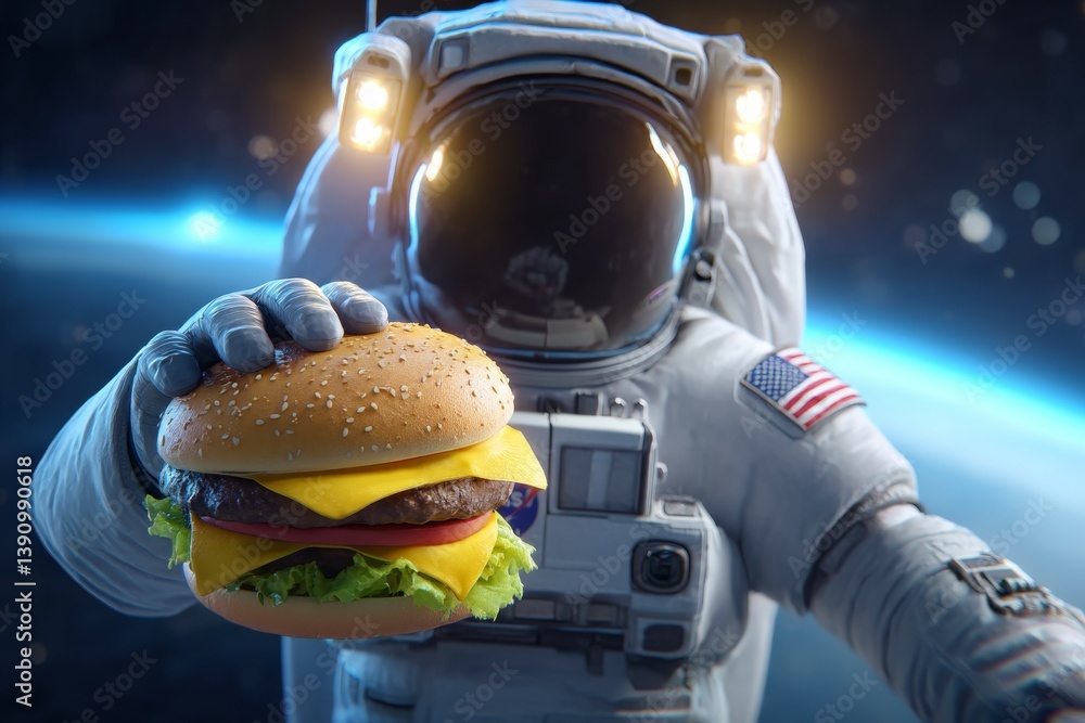 Poster astronaut enjoying cheeseburger in space with earth in background