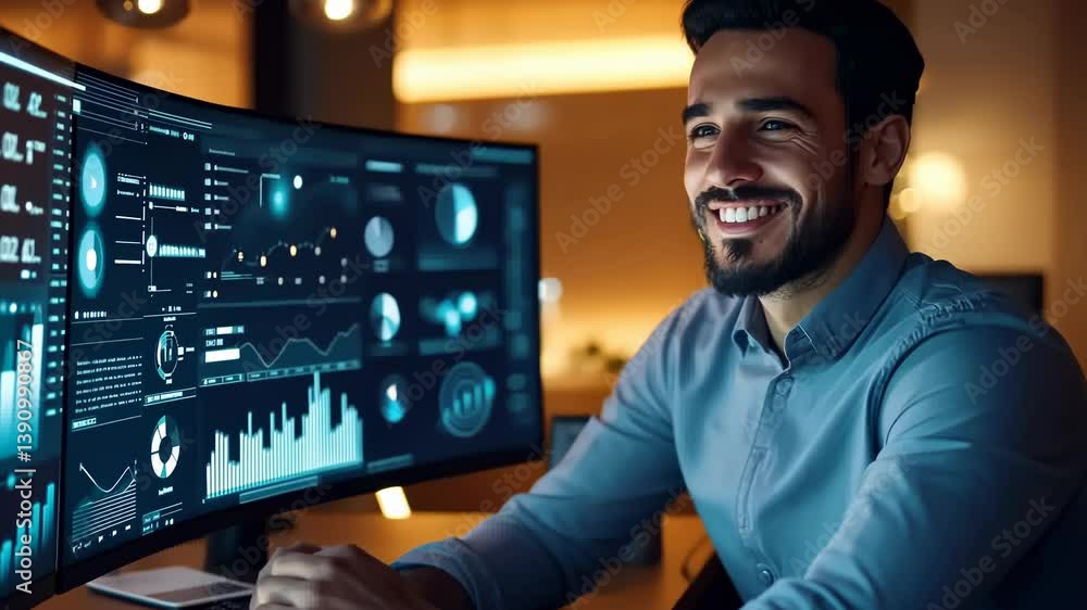 Poster An individual smiles while working curved monitor displaying detailed financial data. The well-lit setting suggests comfortable office environment focused analysis , insights. The data-driven workflow